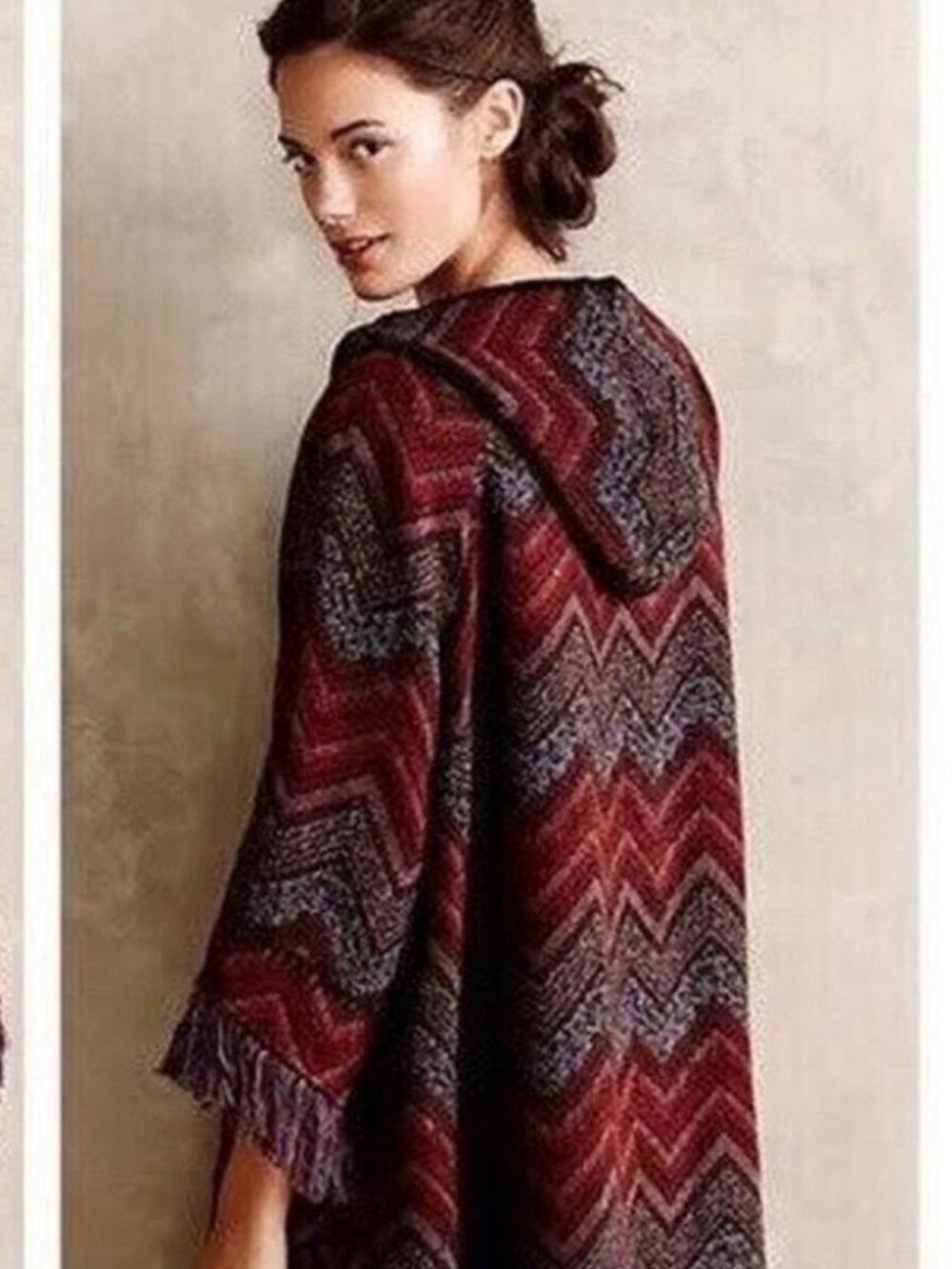 Anthropologie Hei Hei Hooded Fringe Cardigan - Red & Gray Chevron